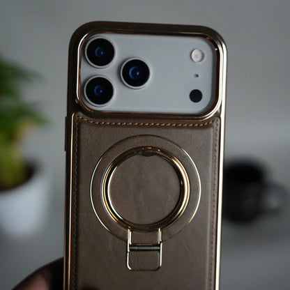 iPhone 17 Series PU Leather Chrome Side Case With Ring Metal Stand | Desert Color