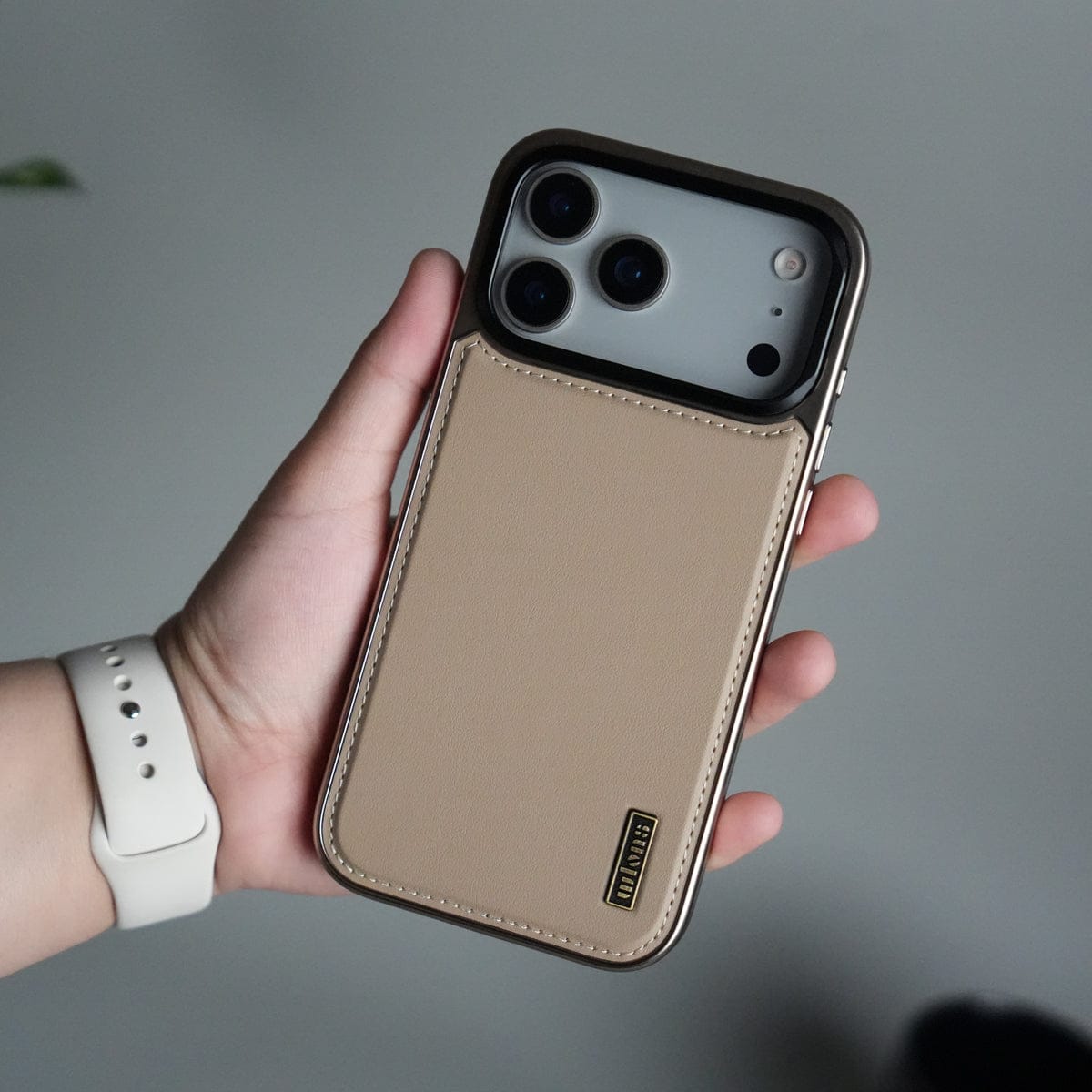 iPhone 17 Pro Premium Leather Back Case with Metal Kickstand And camera Bump Cover