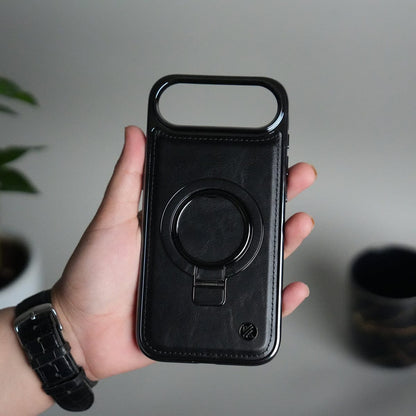 iPhone 17 Air PU Leather Chrome Side Case With Ring Metal Stand