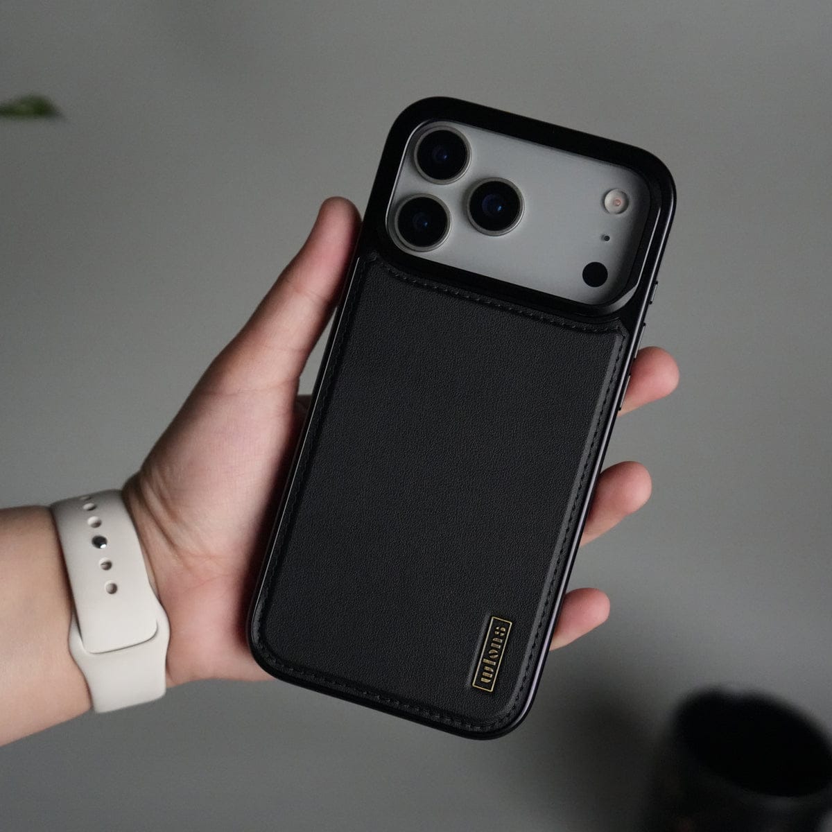 iPhone 17 Pro Max Premium Leather Back Case with Metal Kickstand And camera Bump Cover