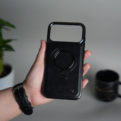 iPhone 17 Pro PU Leather Chrome Side Case With Ring Metal Stand