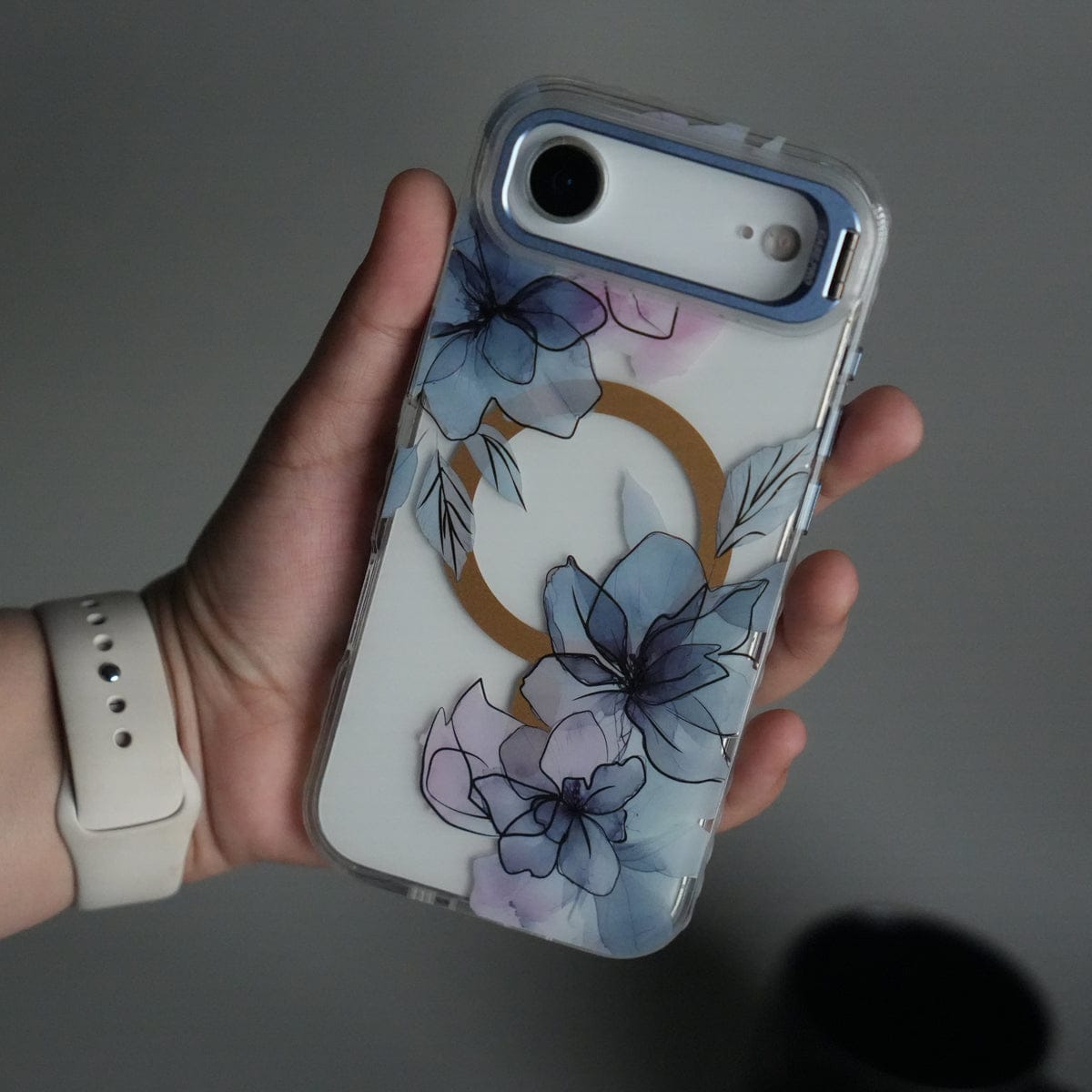 iPhone 17 Air FloraCrystal Clear Floral Design Case with Color Metal Camera Stand Frame