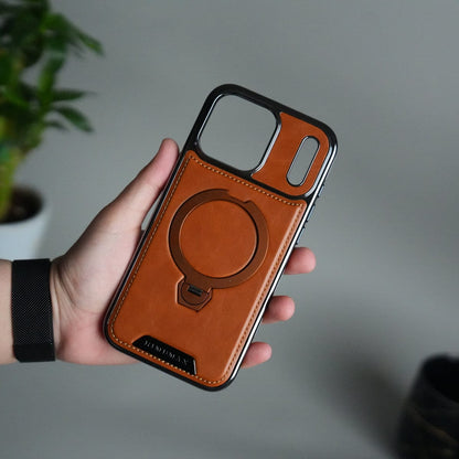 iPhone 17 Pro Luxury Leather Magnetic Ring Case | Metal Kickstand Cover with Chrome Frame