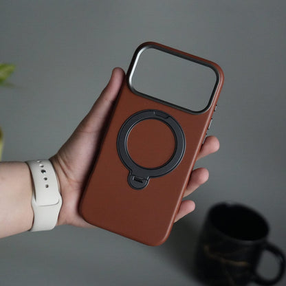 iPhone 17 Pro PU Leather Case with Metal Camera Frame & 360° Rotating Metal Stand
