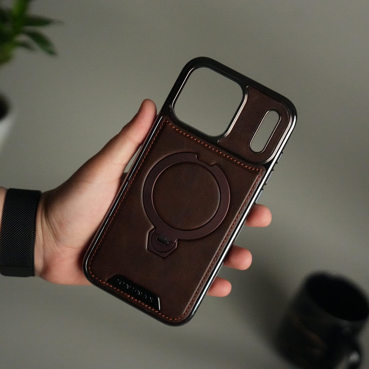 iPhone 17 Pro Luxury Leather Magnetic Ring Case | Metal Kickstand Cover with Chrome Frame