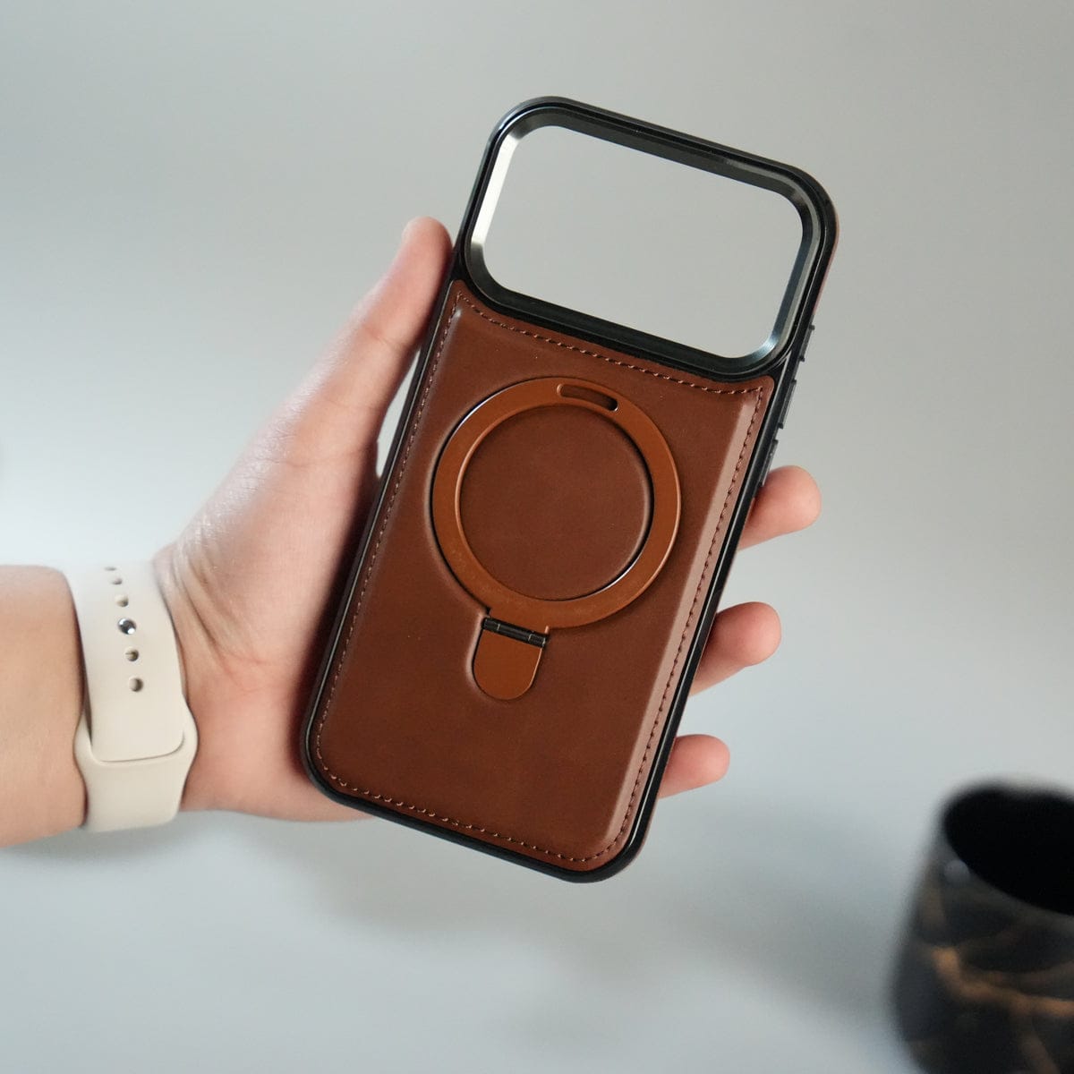 iPhone 17 Pro Premium PU Leather Case with Metal Kickstand | Metal Camera Bump | Luxury Shockproof Back Cover