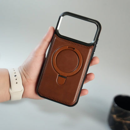 iPhone 17 Pro Premium PU Leather Case with Metal Kickstand | Metal Camera Bump | Luxury Shockproof Back Cover