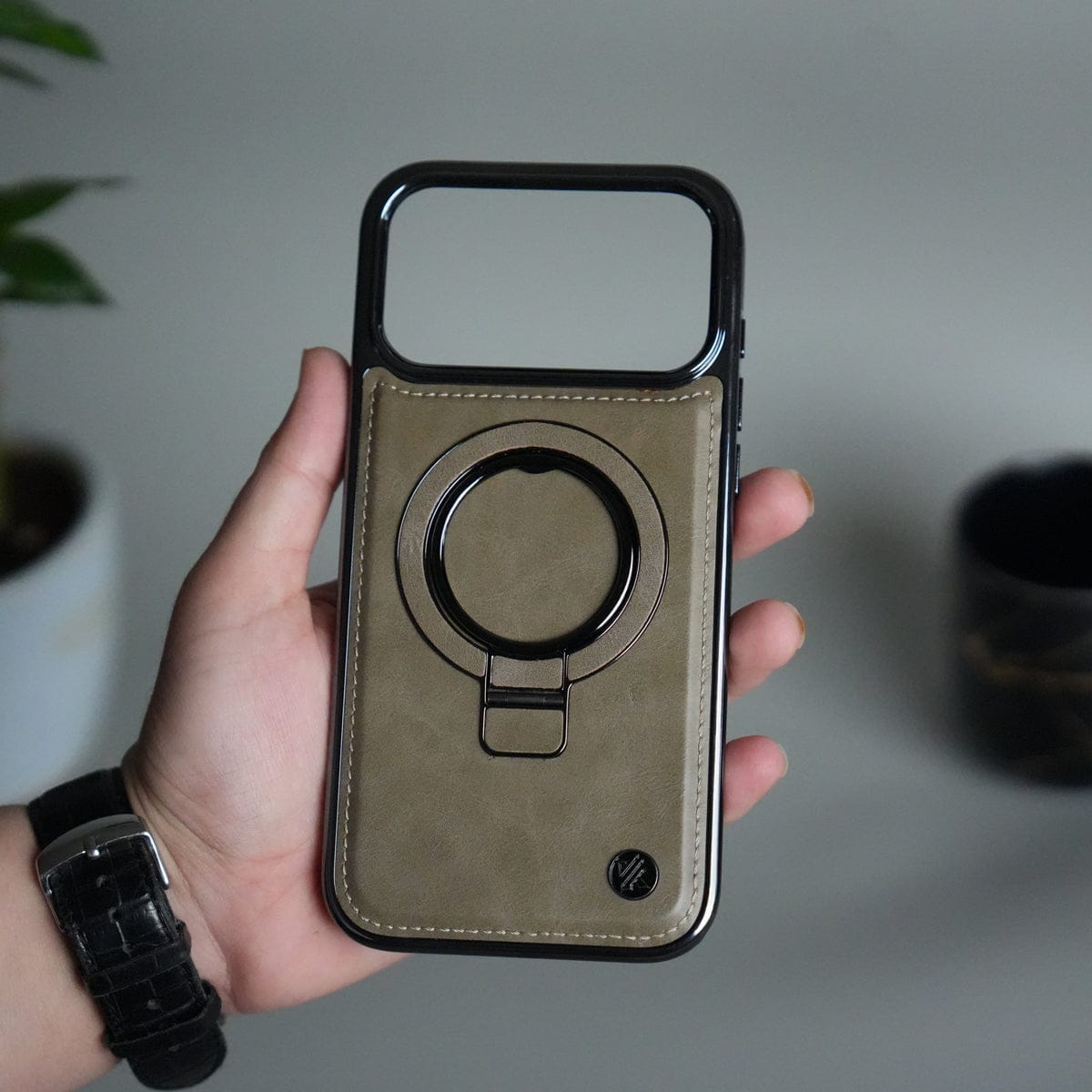 iPhone 17 Pro PU Leather Chrome Side Case With Ring Metal Stand