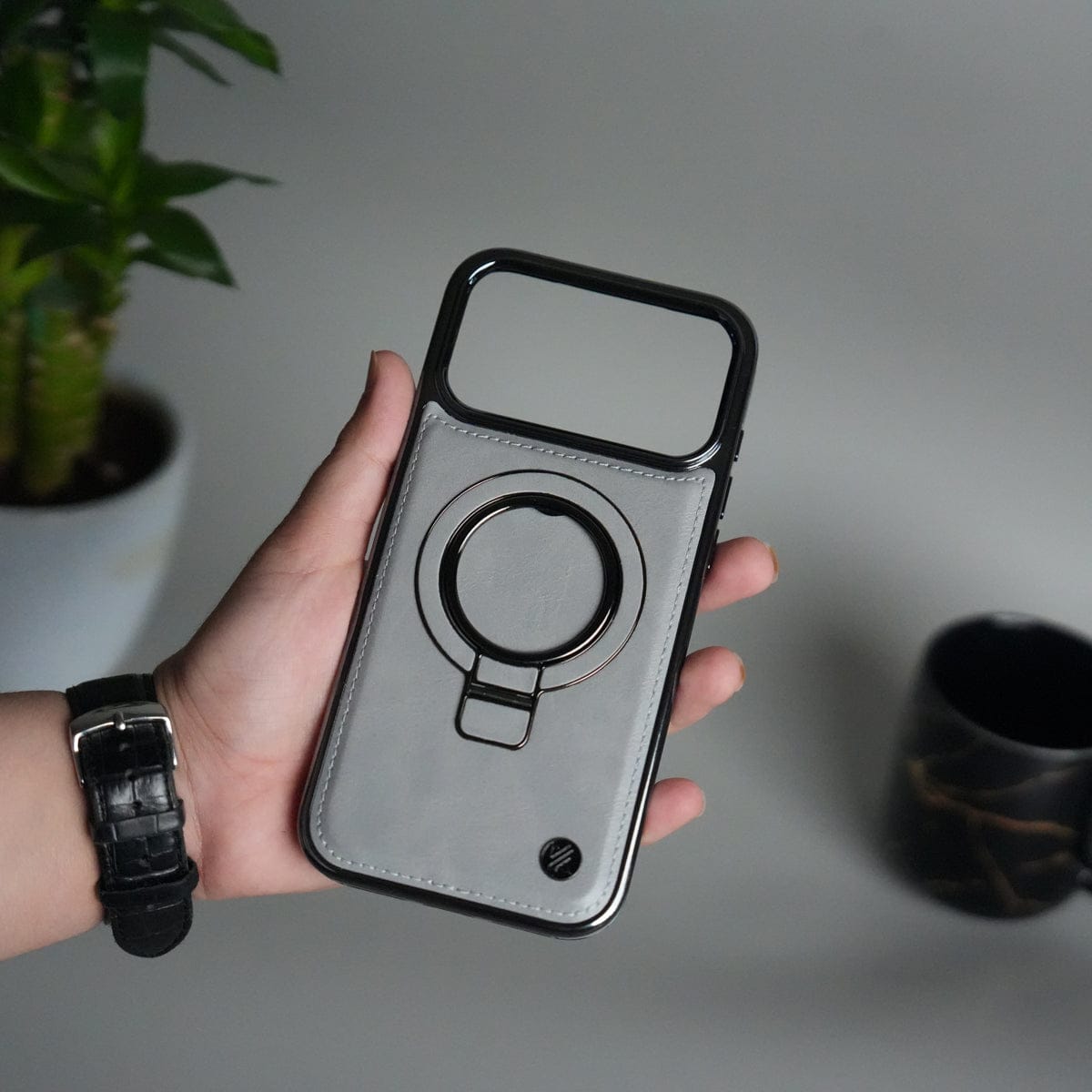 iPhone 17 Pro PU Leather Chrome Side Case With Ring Metal Stand