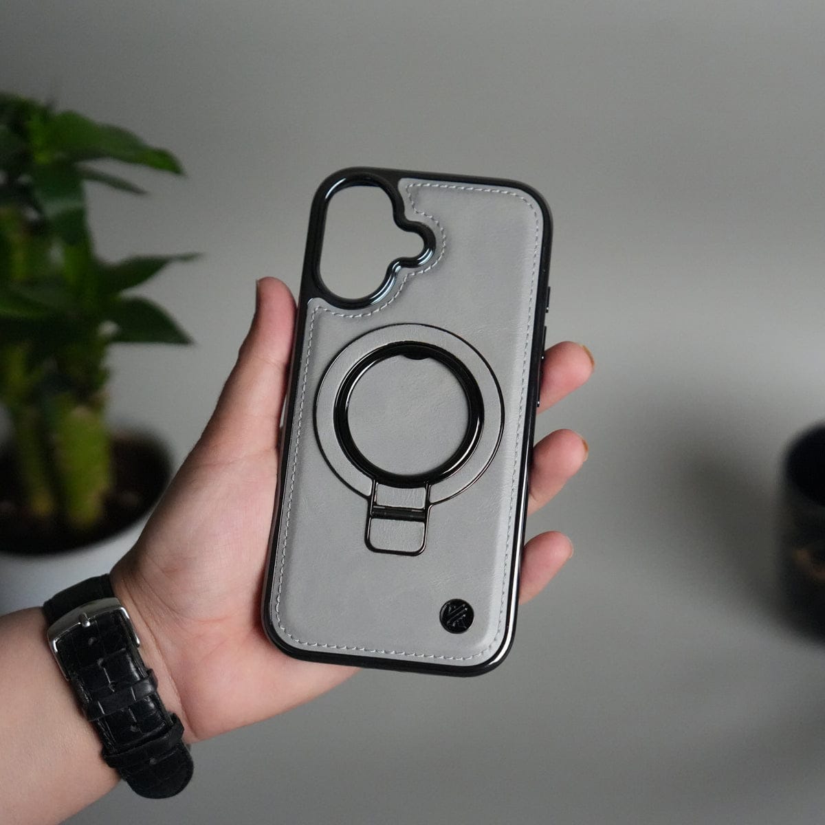 iPhone 17 PU Leather Chrome Side Case With Ring Metal Stand