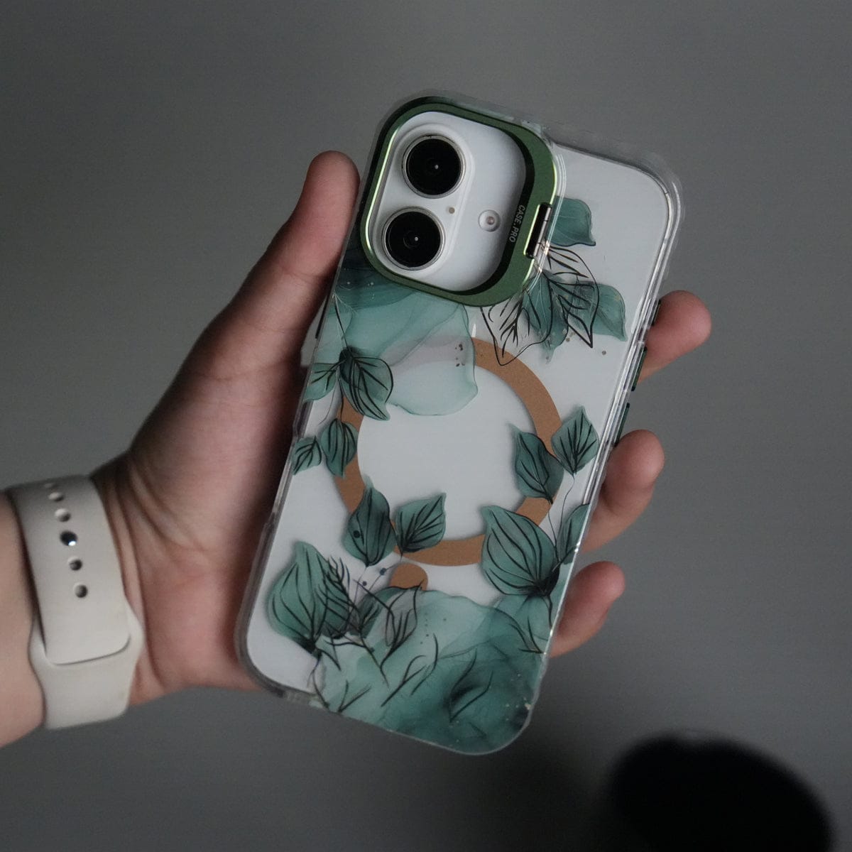 iPhone 17 FloraCrystal Clear Floral Design Case with Color Metal Camera Stand Frame