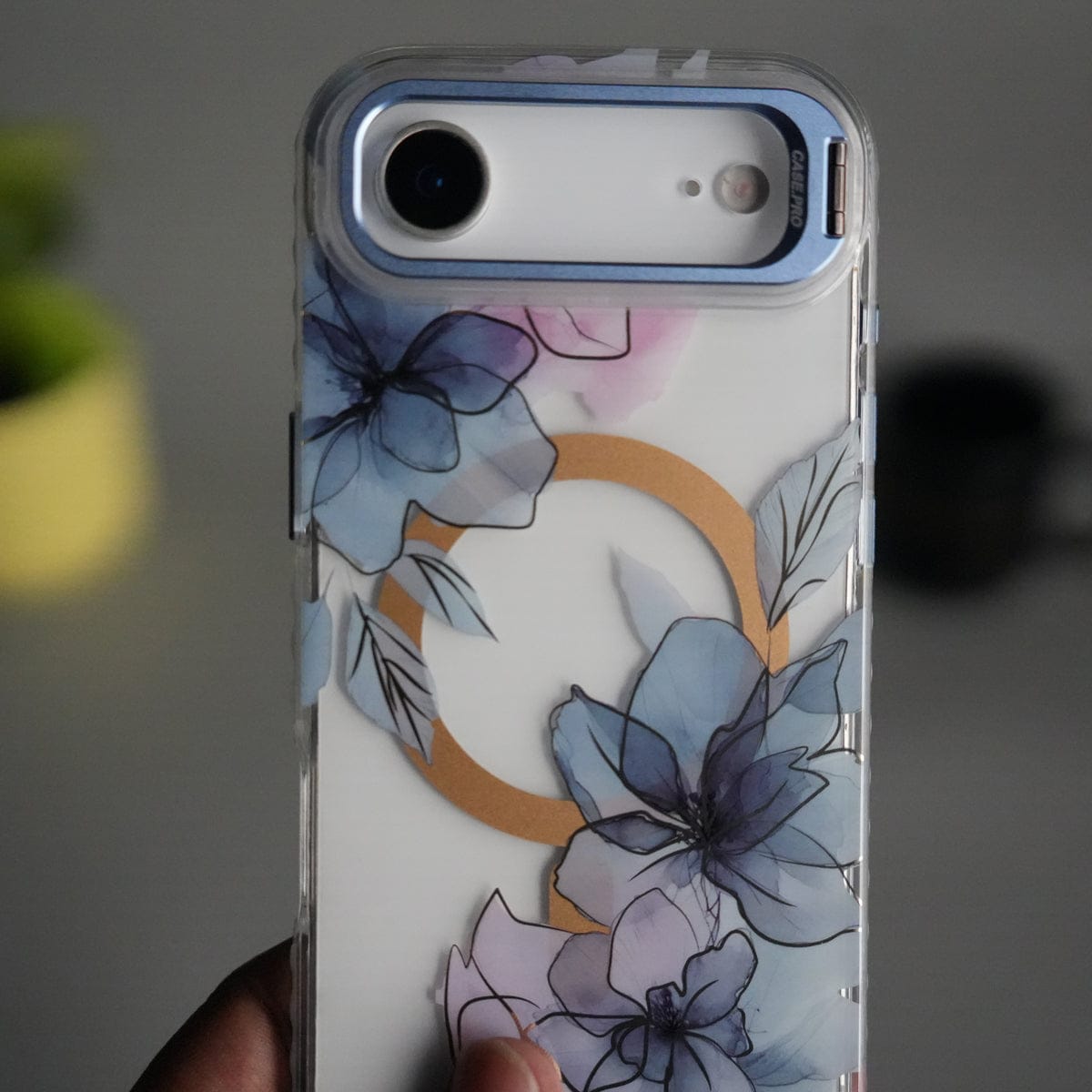iPhone 17 Air FloraCrystal Clear Floral Design Case with Color Metal Camera Stand Frame