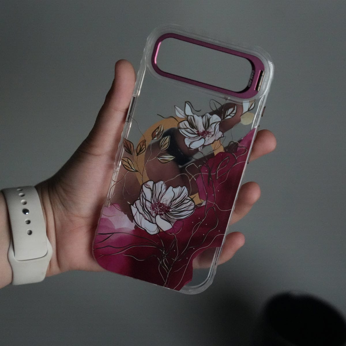 iPhone 17 Air FloraCrystal Clear Floral Design Case with Color Metal Camera Stand Frame