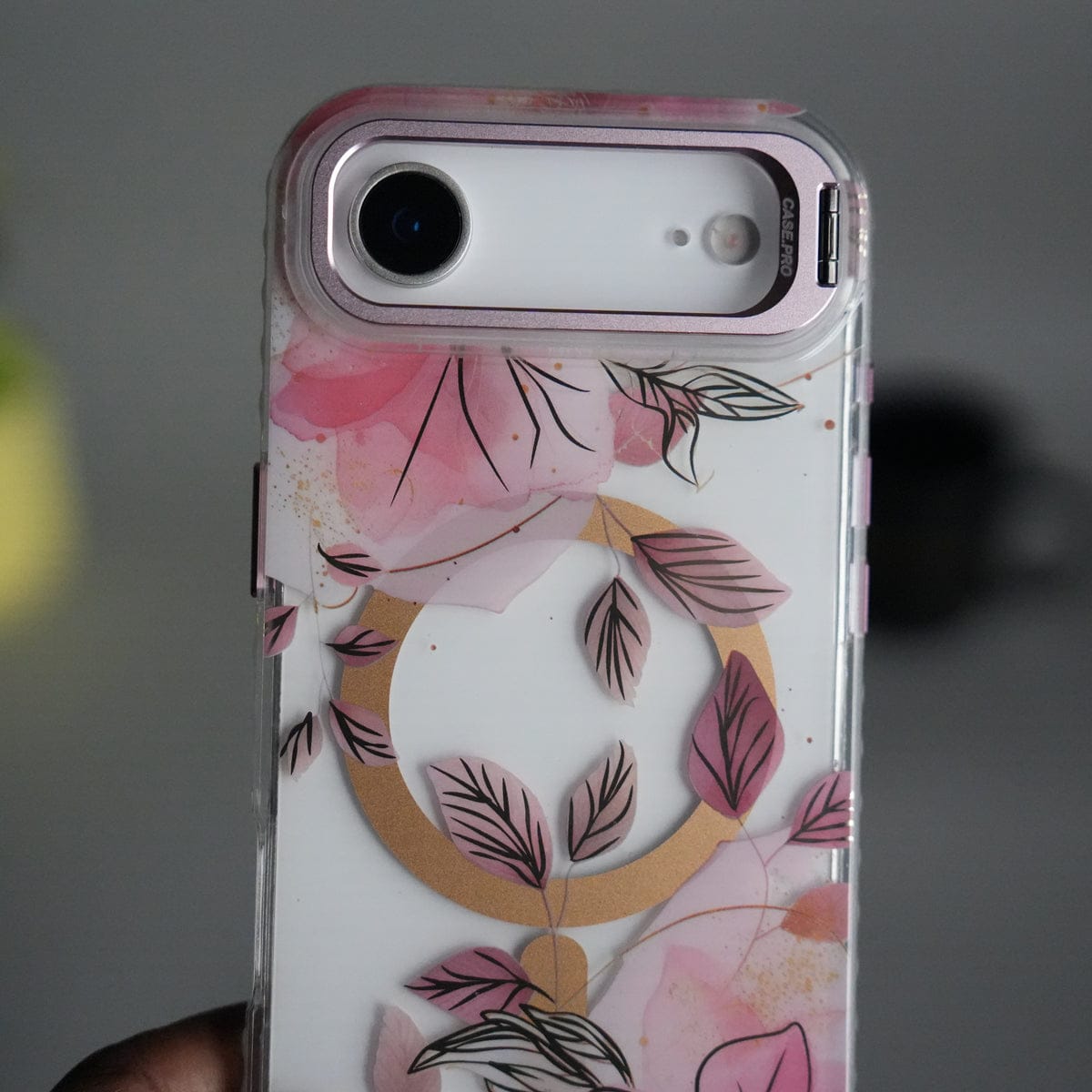 iPhone 17 Air FloraCrystal Clear Floral Design Case with Color Metal Camera Stand Frame