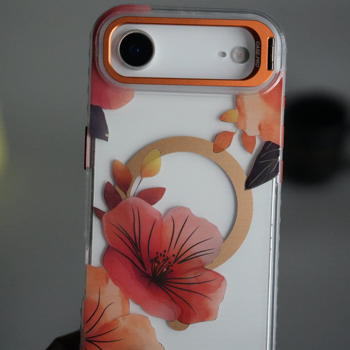 iPhone 17 Air FloraCrystal Clear Floral Design Case with Color Metal Camera Stand Frame