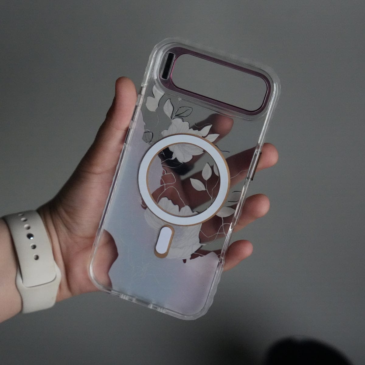 iPhone 17 Air FloraCrystal Clear Floral Design Case with Color Metal Camera Stand Frame