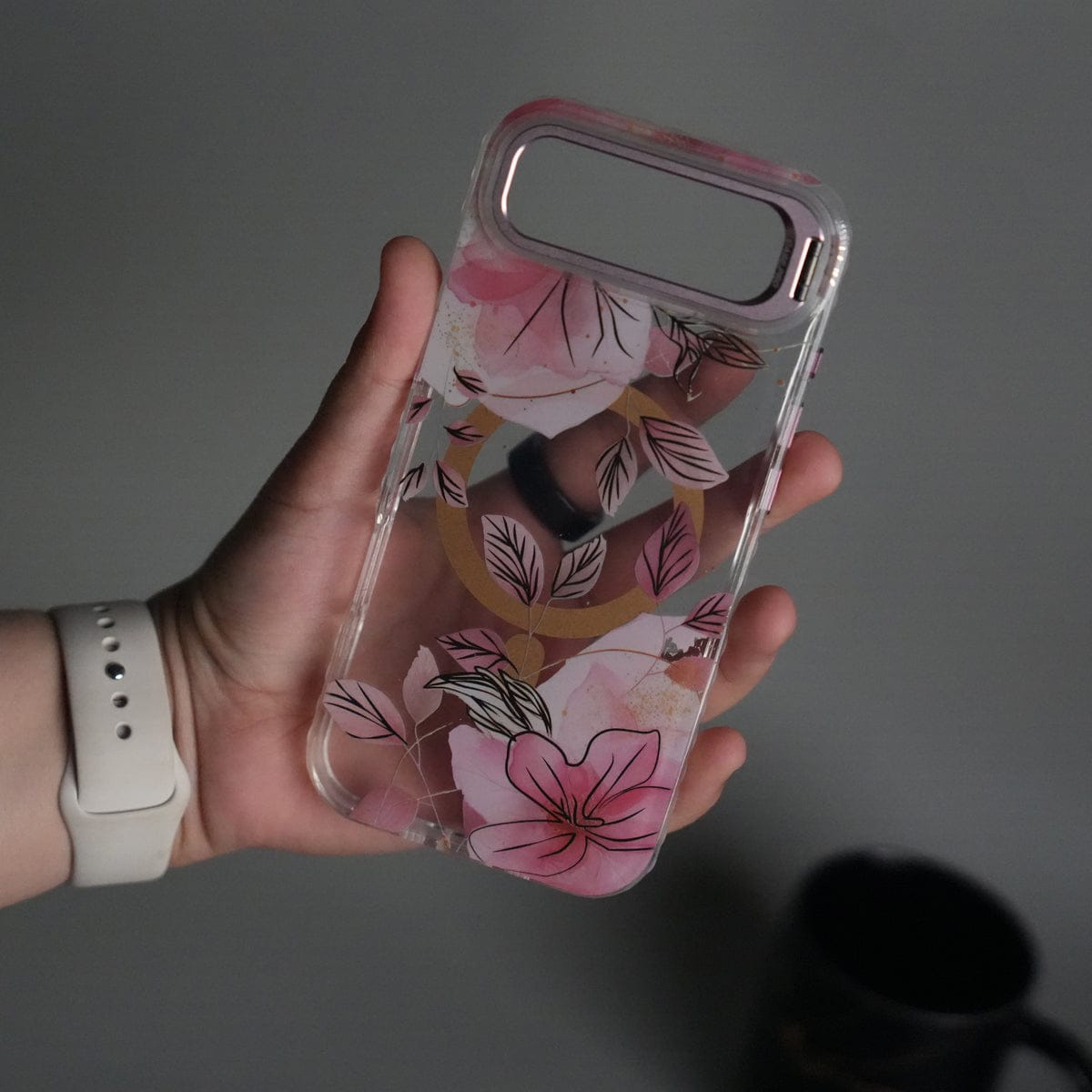 iPhone 17 Air FloraCrystal Clear Floral Design Case with Color Metal Camera Stand Frame
