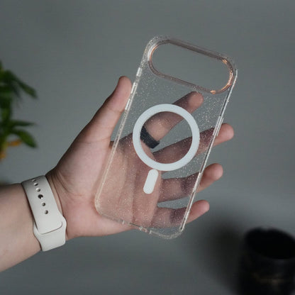 iPhone 17 Air Glitter MagSafe Case | Transparent Cover with Sparkle Finish & Metallic Camera Bumper
