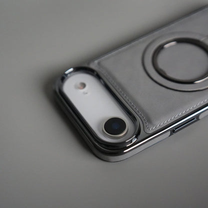 iPhone 17 Air PU Leather Chrome Side Case With Ring Metal Stand
