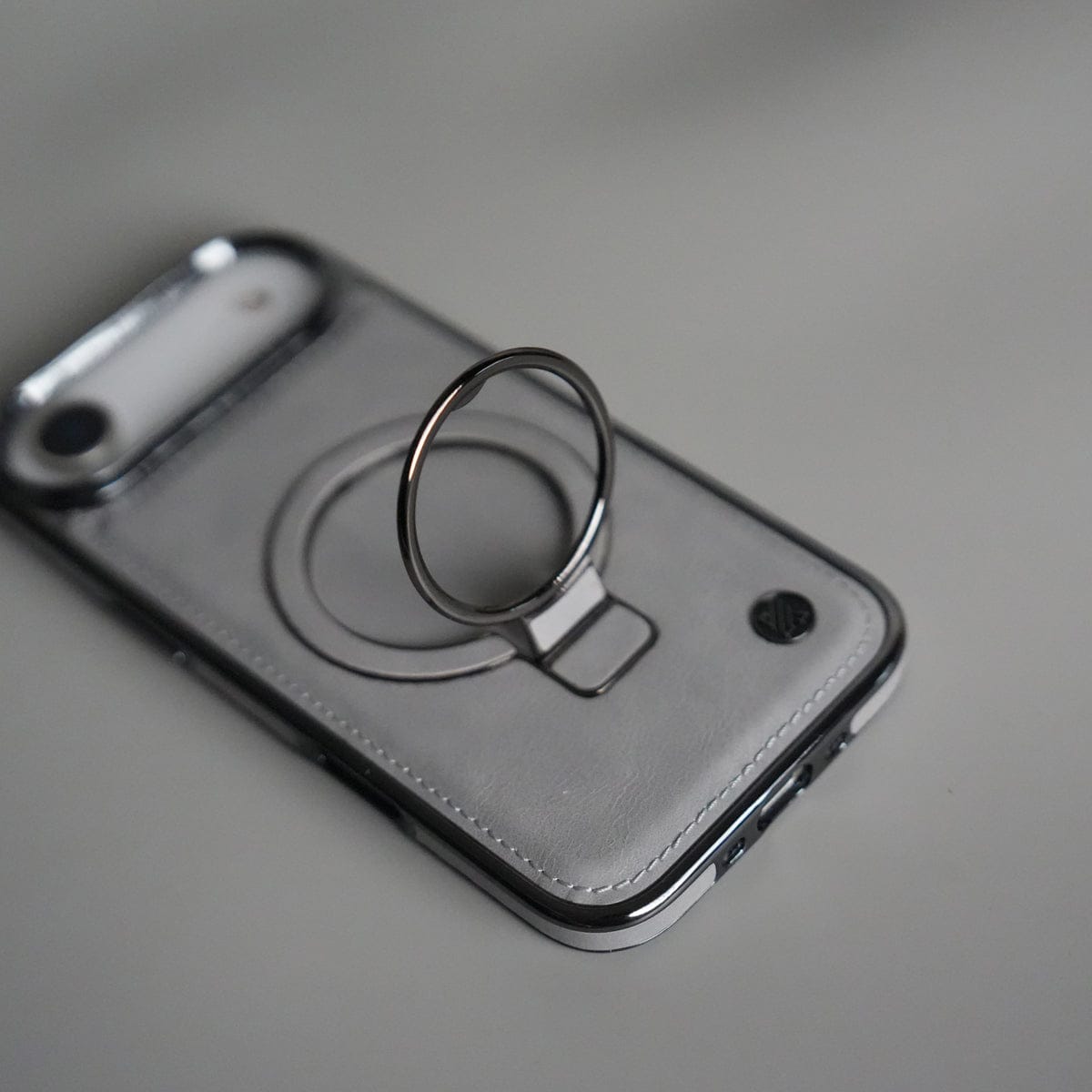 iPhone 17 Air PU Leather Chrome Side Case With Ring Metal Stand