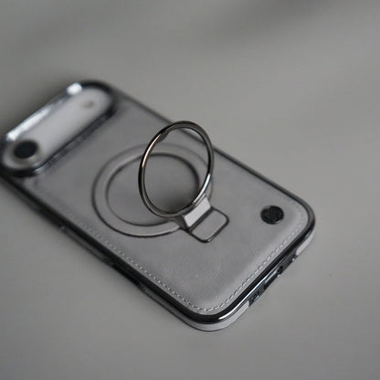 iPhone 17 Air PU Leather Chrome Side Case With Ring Metal Stand