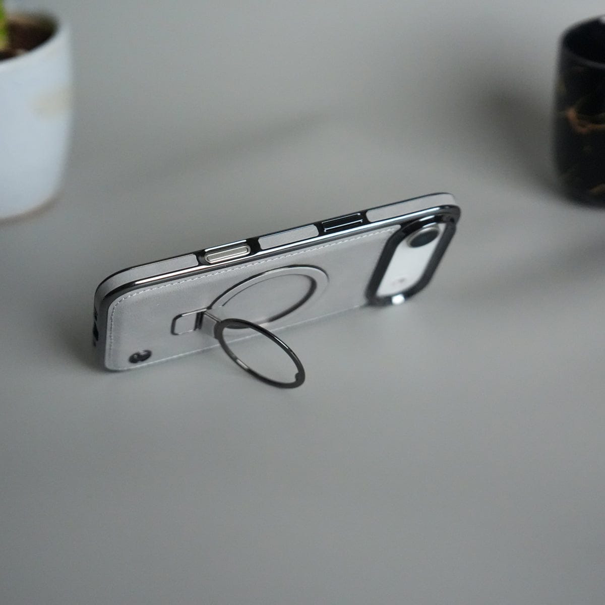 iPhone 17 Air PU Leather Chrome Side Case With Ring Metal Stand