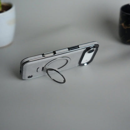 iPhone 17 Air PU Leather Chrome Side Case With Ring Metal Stand