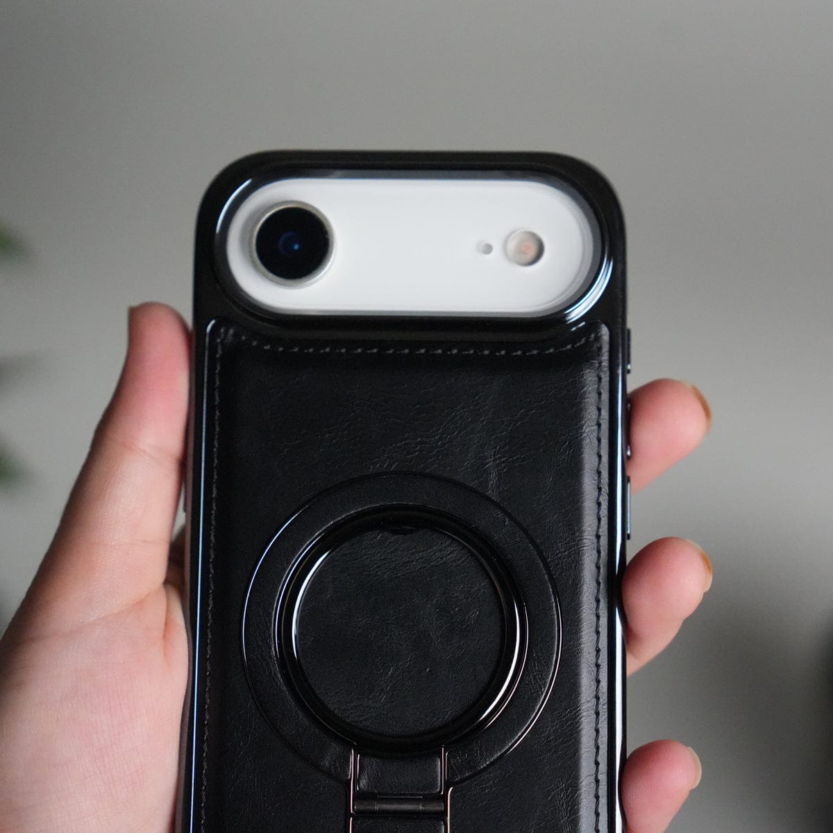 iPhone 17 Air PU Leather Chrome Side Case With Ring Metal Stand