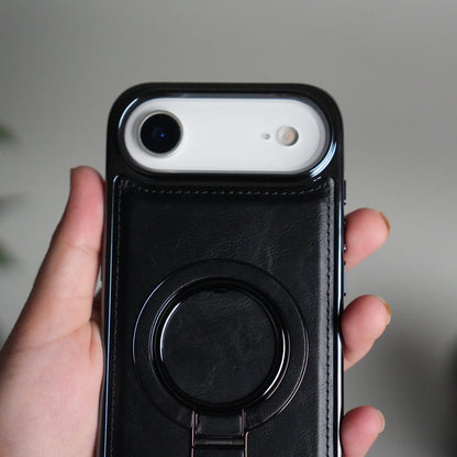 iPhone 17 Air PU Leather Chrome Side Case With Ring Metal Stand