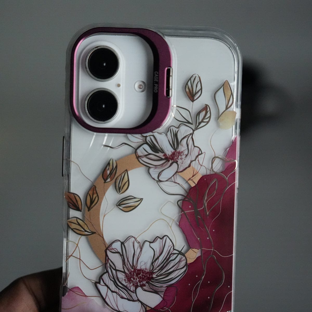 iPhone 17 FloraCrystal Clear Floral Design Case with Color Metal Camera Stand Frame