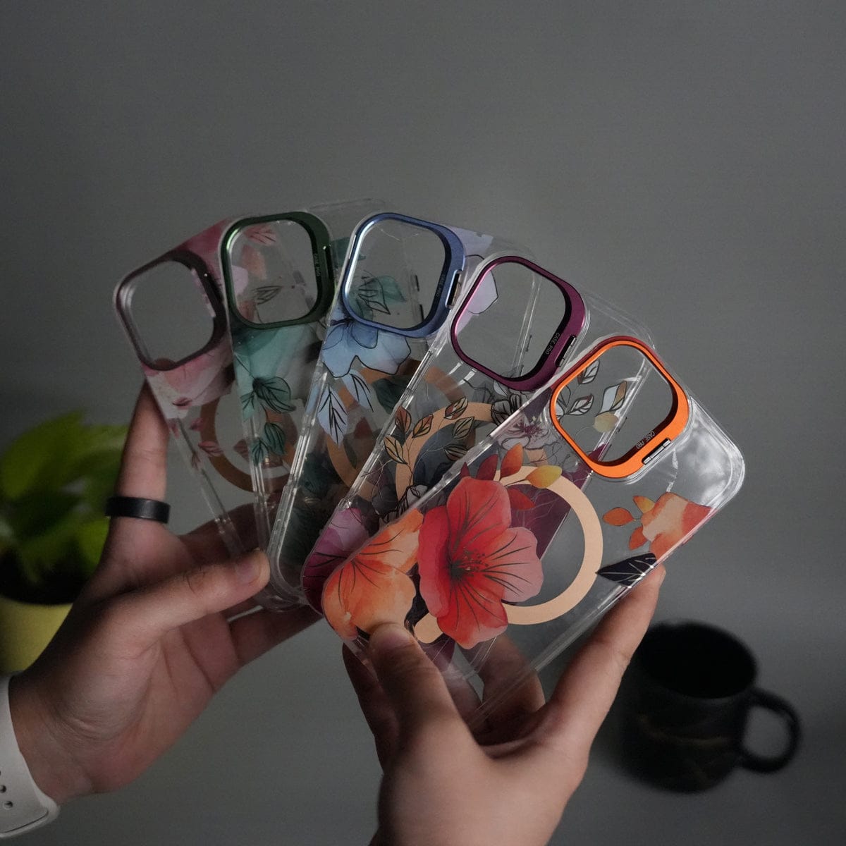 iPhone 17 FloraCrystal Clear Floral Design Case with Color Metal Camera Stand Frame