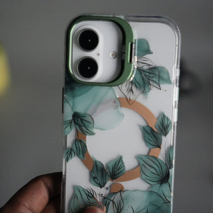 iPhone 17 FloraCrystal Clear Floral Design Case with Color Metal Camera Stand Frame