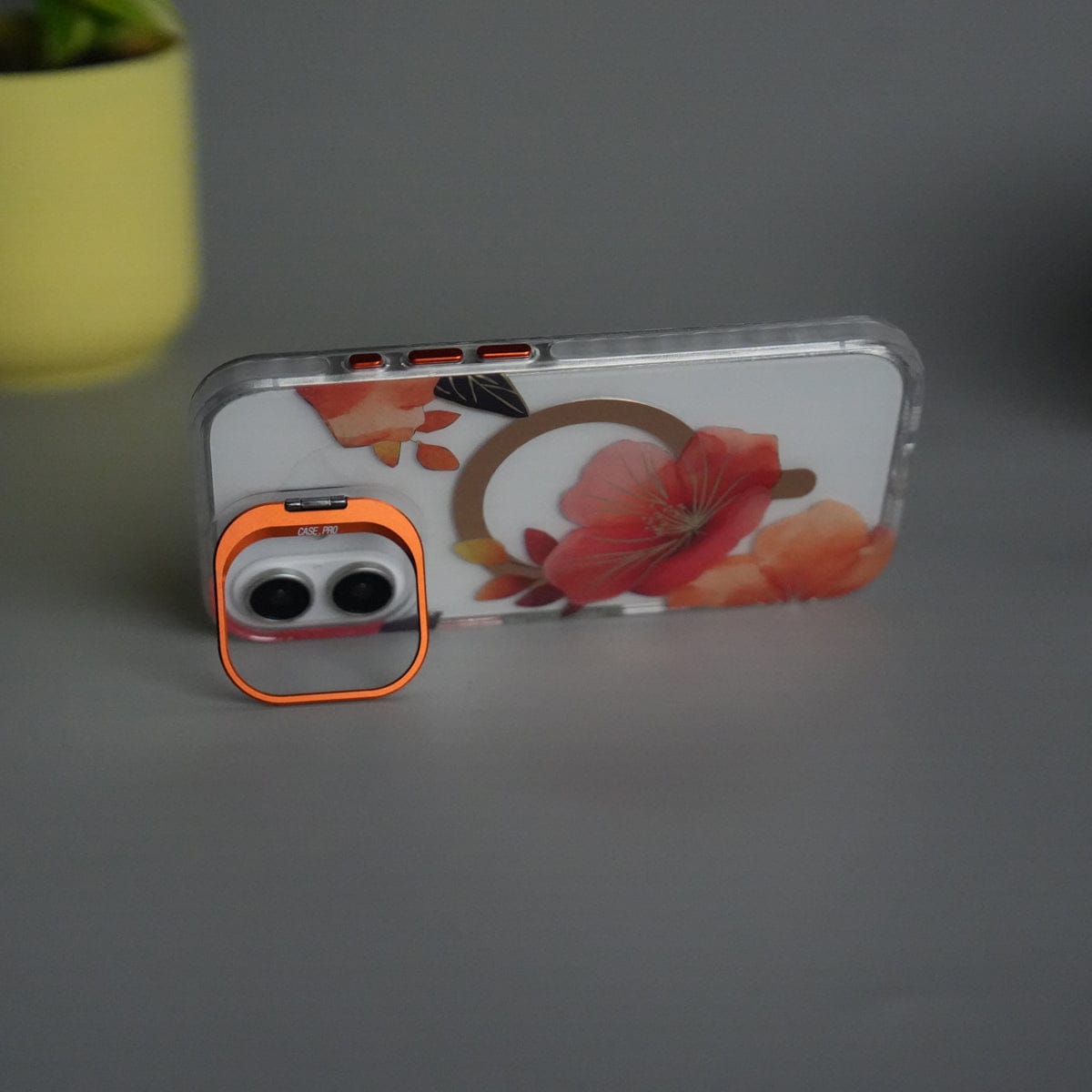 iPhone 17 FloraCrystal Clear Floral Design Case with Color Metal Camera Stand Frame