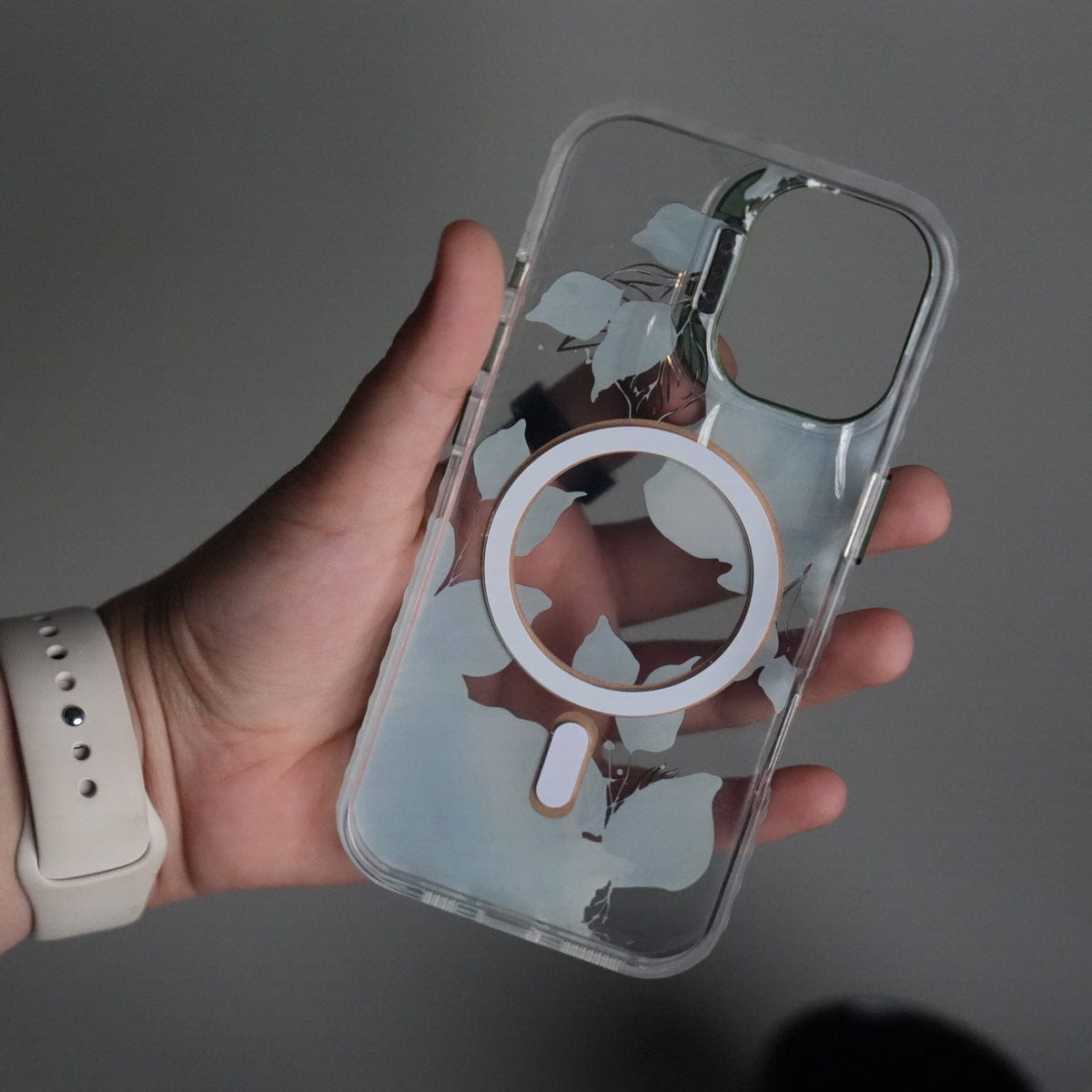 iPhone 17 FloraCrystal Clear Floral Design Case with Color Metal Camera Stand Frame