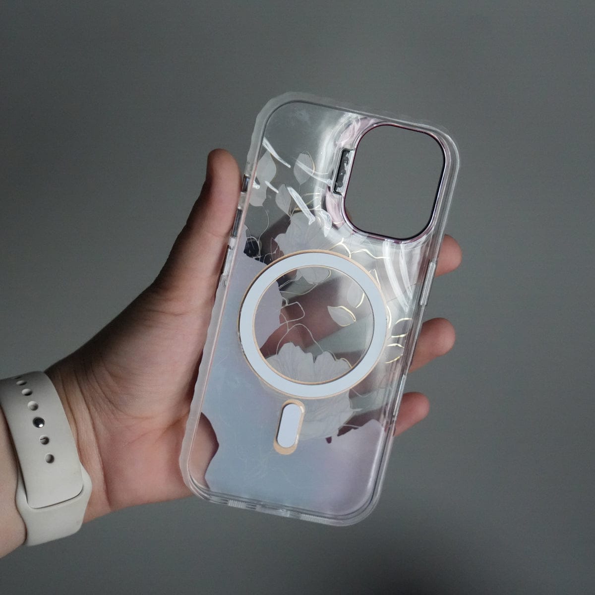 iPhone 17 FloraCrystal Clear Floral Design Case with Color Metal Camera Stand Frame