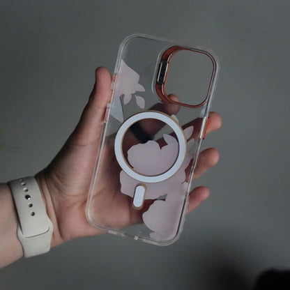 iPhone 17 FloraCrystal Clear Floral Design Case with Color Metal Camera Stand Frame