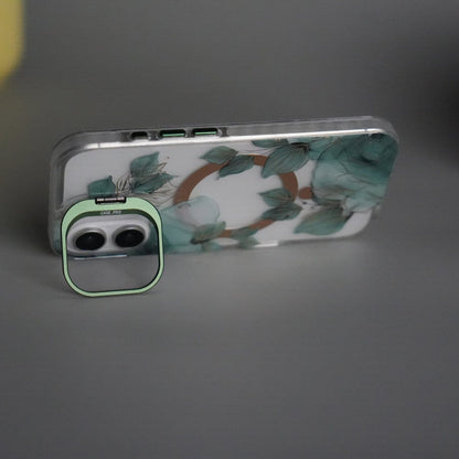 iPhone 17 FloraCrystal Clear Floral Design Case with Color Metal Camera Stand Frame