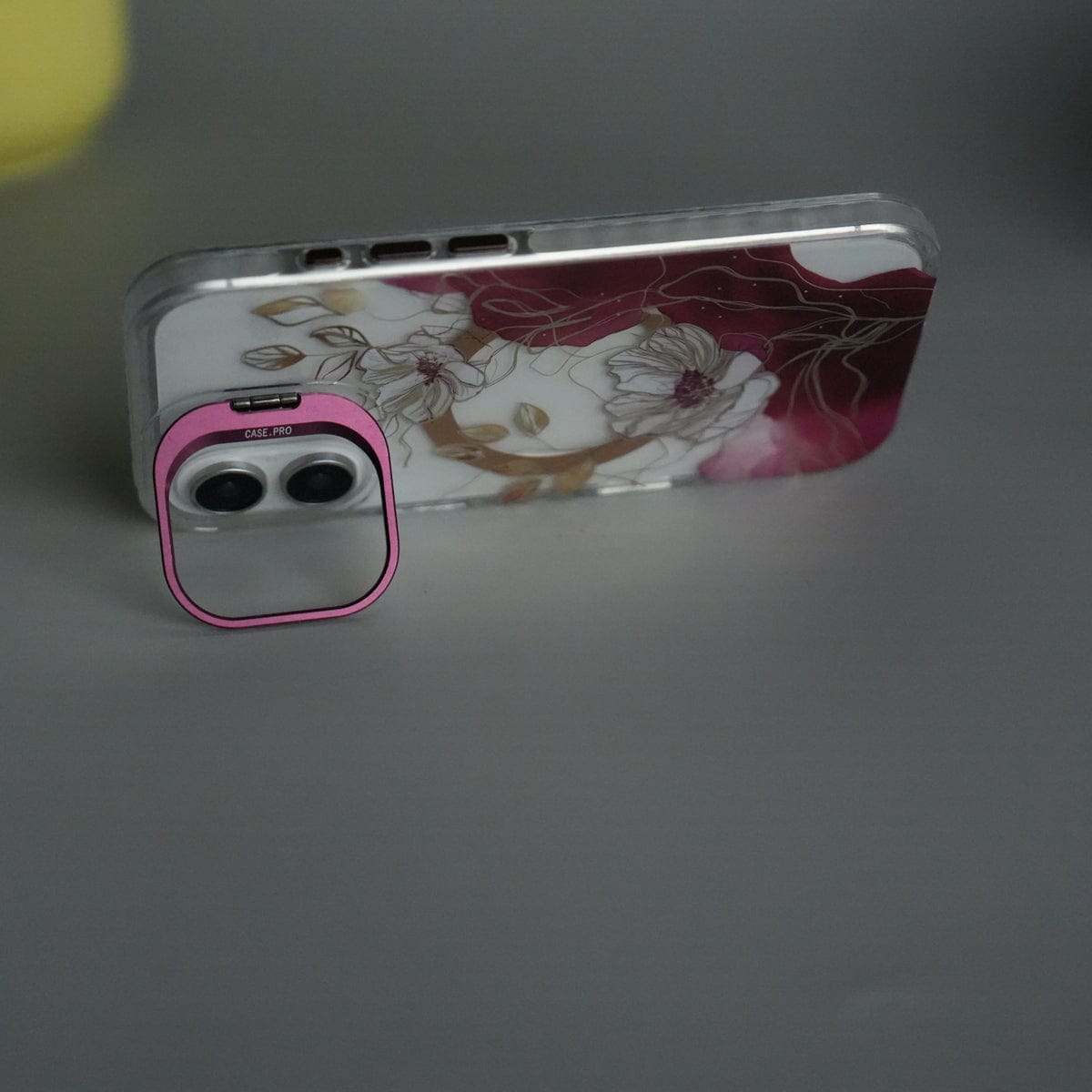 iPhone 17 FloraCrystal Clear Floral Design Case with Color Metal Camera Stand Frame