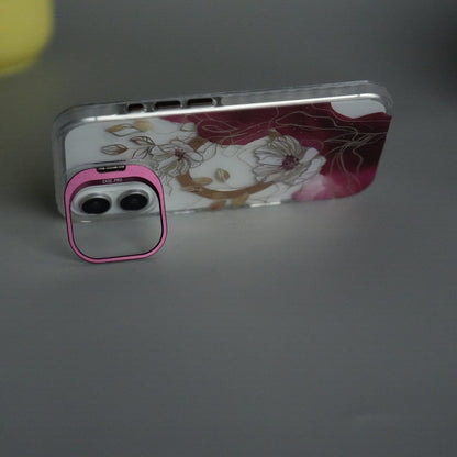 iPhone 17 FloraCrystal Clear Floral Design Case with Color Metal Camera Stand Frame