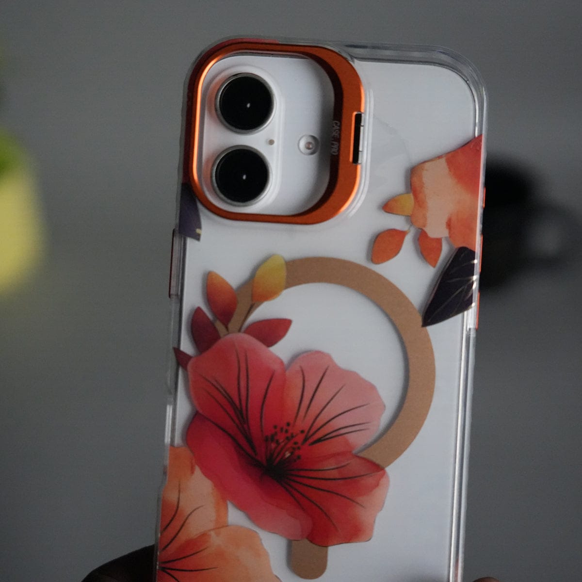 iPhone 17 FloraCrystal Clear Floral Design Case with Color Metal Camera Stand Frame