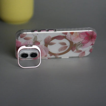 iPhone 17 FloraCrystal Clear Floral Design Case with Color Metal Camera Stand Frame
