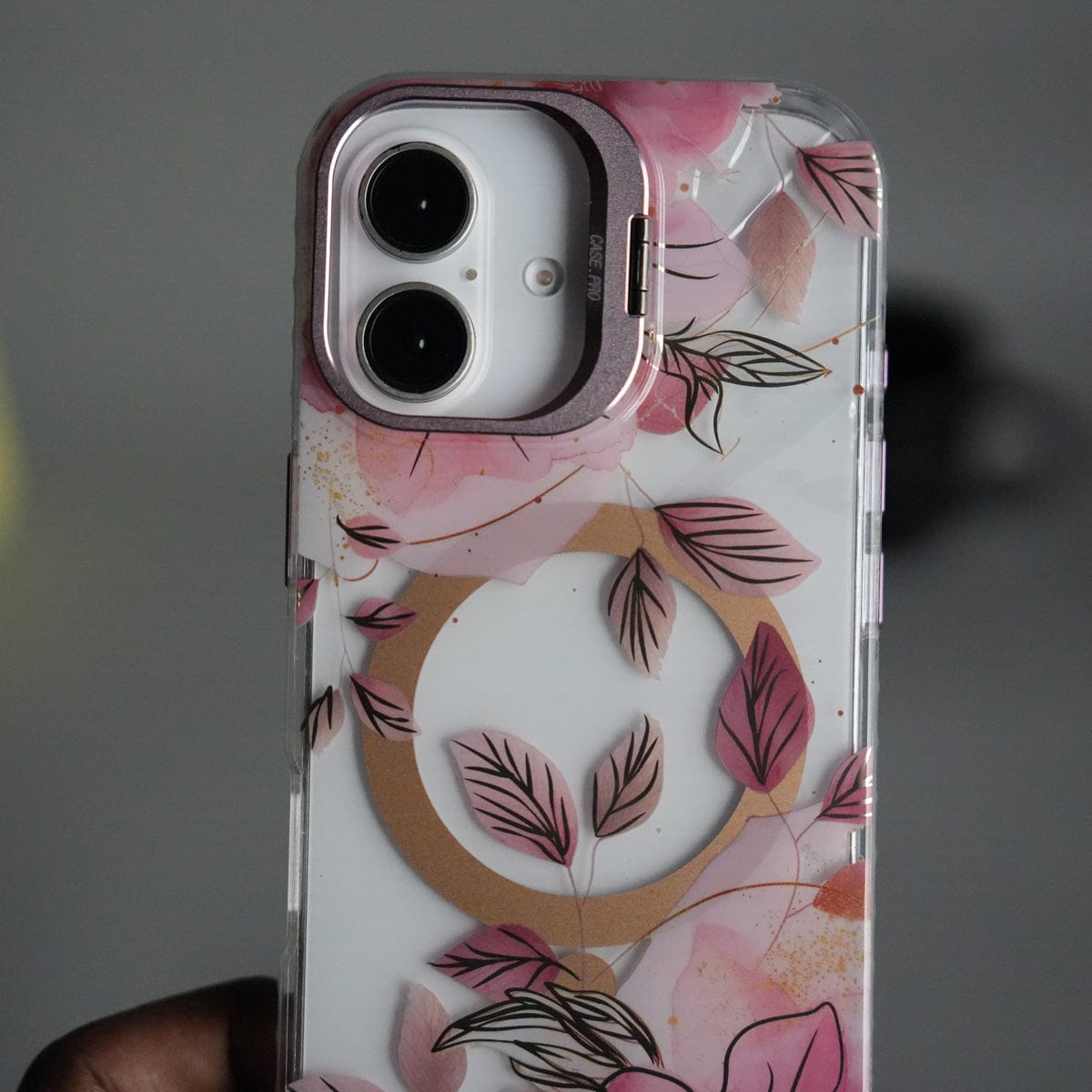iPhone 17 FloraCrystal Clear Floral Design Case with Color Metal Camera Stand Frame