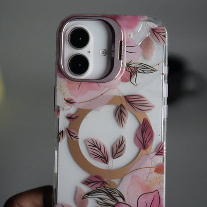 iPhone 17 FloraCrystal Clear Floral Design Case with Color Metal Camera Stand Frame