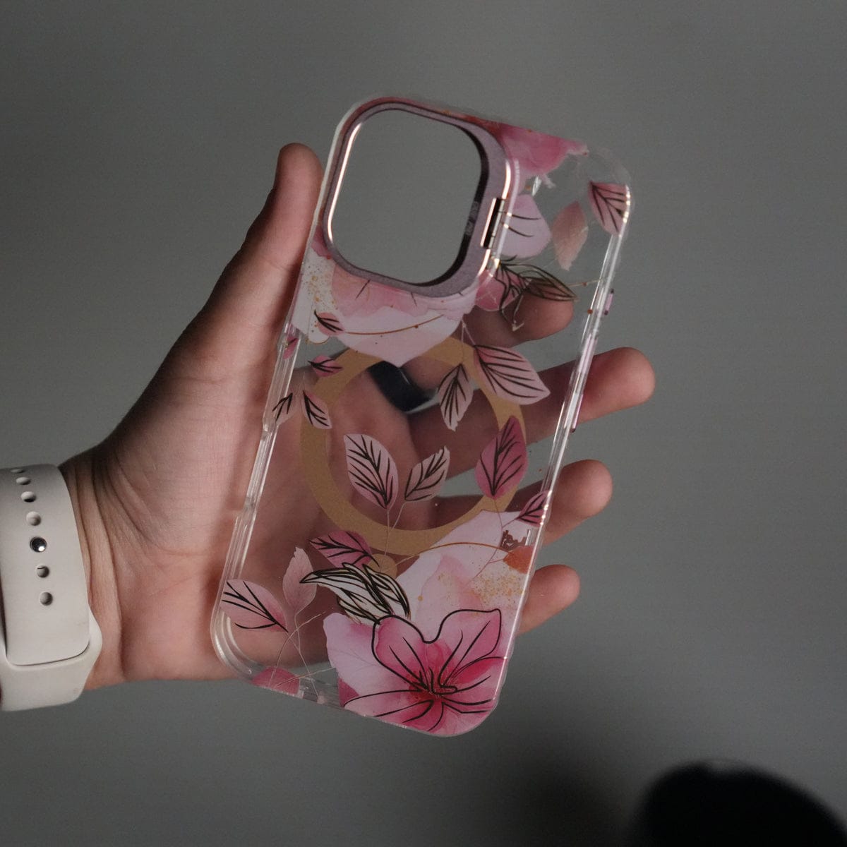 iPhone 17 FloraCrystal Clear Floral Design Case with Color Metal Camera Stand Frame