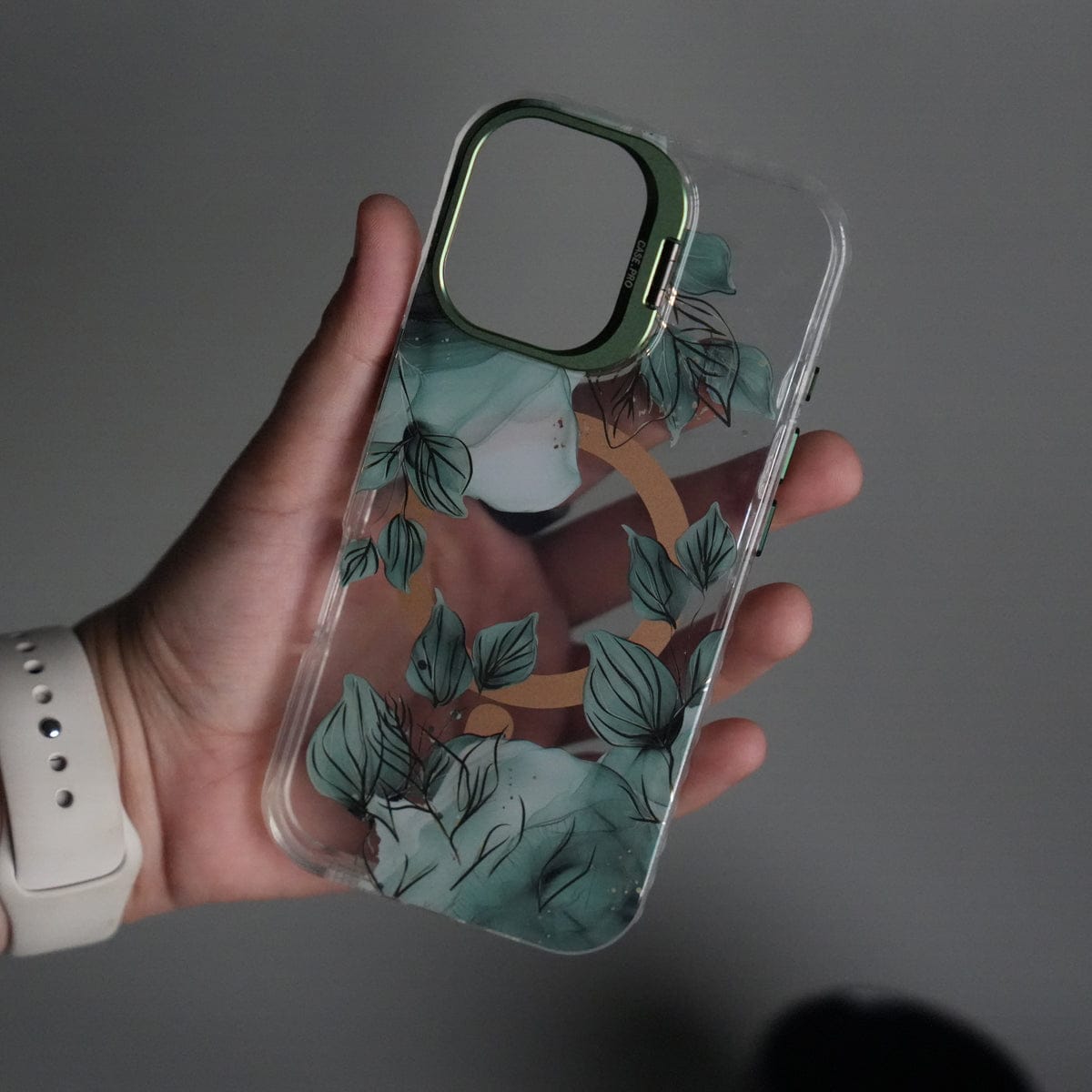 iPhone 17 FloraCrystal Clear Floral Design Case with Color Metal Camera Stand Frame
