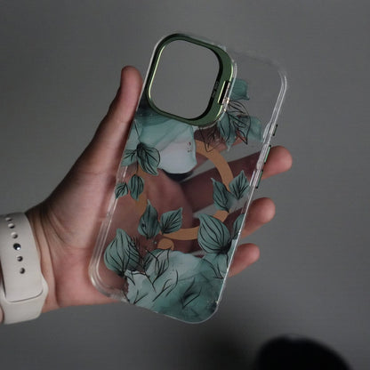 iPhone 17 FloraCrystal Clear Floral Design Case with Color Metal Camera Stand Frame