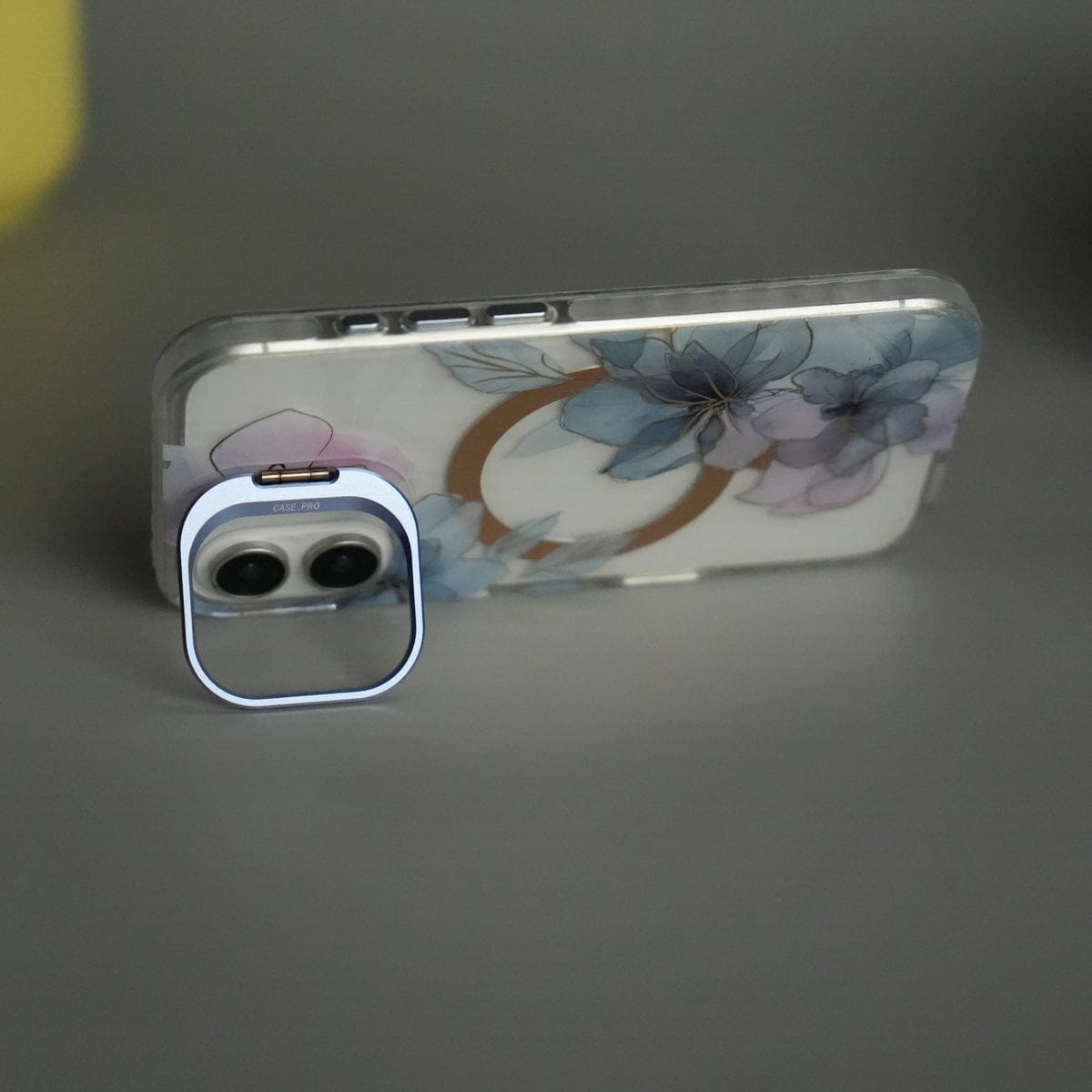 iPhone 17 FloraCrystal Clear Floral Design Case with Color Metal Camera Stand Frame