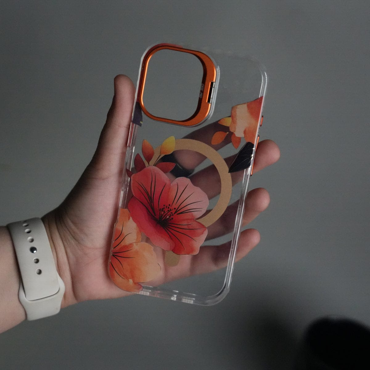 iPhone 17 FloraCrystal Clear Floral Design Case with Color Metal Camera Stand Frame