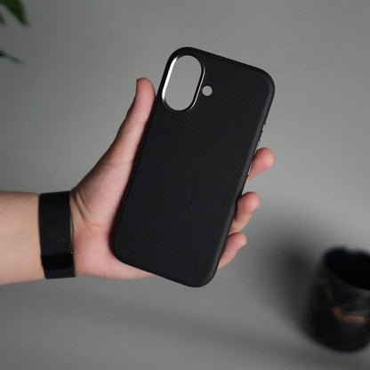 iPhone 17 Leather Texture Design PVC Case With Metal Camera Bump
