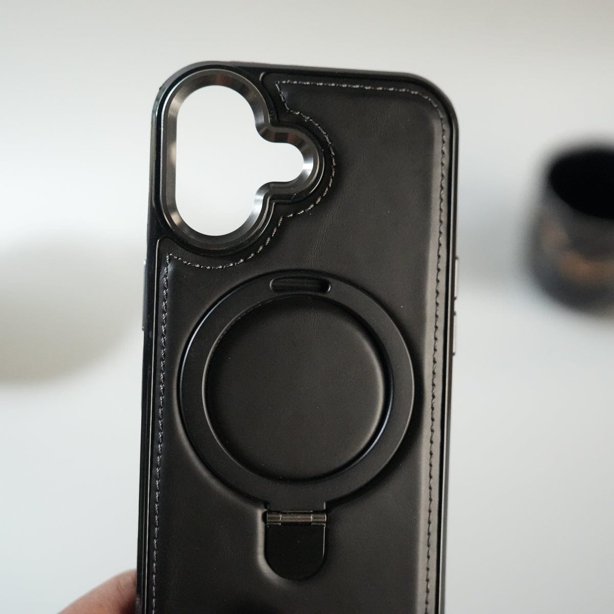 iPhone 17 Premium PU Leather Case with Metal Kickstand | Metal Camera Bump | Luxury Shockproof Back Cover